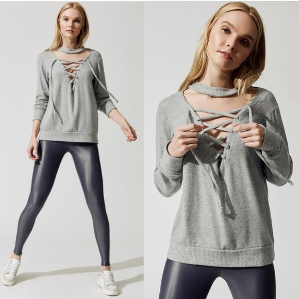 LNA Brushed Ovo Lace-Up Sweater in Heather Gray Size S